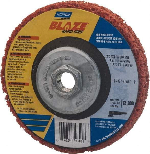 Norton - 4-1/2" Extra Coarse Grade Aluminum Oxide/Ceramic Deburring Disc - 5/8-11 Threaded Center Hole, Arbor Mount Connection, Orange, 12,000 Max RPM - Apex Tool & Supply