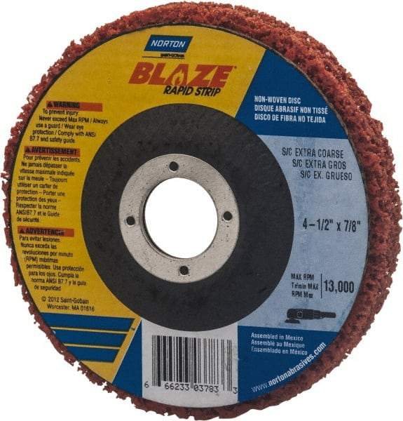 Norton - 7" Extra Coarse Grade Aluminum Oxide/Ceramic Deburring Disc - 7/8" Center Hole, Arbor Connection, Orange, 7,000 Max RPM - Apex Tool & Supply