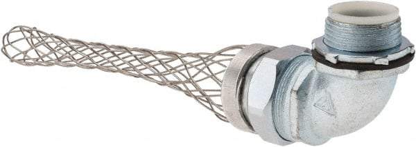 Woodhead Electrical - Liquidtight, Elbow Strain Relief Cord Grip - 1 NPT Thread, 5-1/4" Long, Iron & Zinc-plated Steel - Apex Tool & Supply