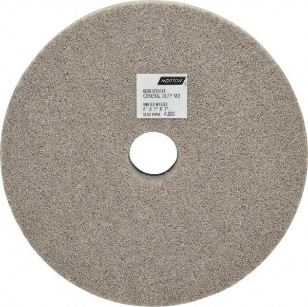 Norton - 6" Diam, 1" Face Width, 1" Center Hole, Fine Grade, Aluminum Oxide Deburring Wheel - Unitized, Medium Density 4 Grade, 4,800 RPM - Apex Tool & Supply