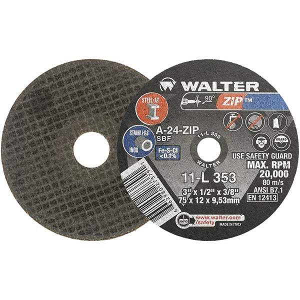 WALTER Surface Technologies - 3" 24 Grit Aluminum Oxide Cutoff Wheel - 1/2" Thick, 3/8" Arbor, 25,470 Max RPM, Use with Die Grinders - Apex Tool & Supply