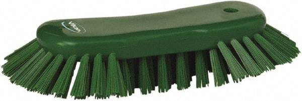Vikan - 1.3" Bristle Length, Polyester Utility Scrub Brush - 7-3/4" Long x 3" Wide Head, 8" OAL, European Threaded Handle, Green, Polypropylene Block - Apex Tool & Supply