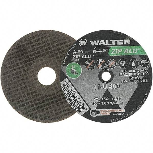 WALTER Surface Technologies - 4" 60 Grit Aluminum Oxide Cutoff Wheel - 1/32" Thick, 3/8" Arbor, 19,100 Max RPM, Use with Angle Grinders - Apex Tool & Supply