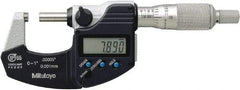 Mitutoyo - 0.0001 Inch Resolution, Standard Throat, Electronic Outside Micrometer - Includes Stand - Apex Tool & Supply