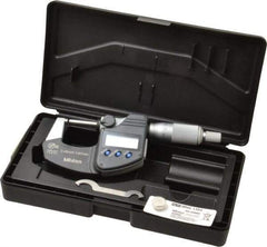 Mitutoyo - 0 to 25 mm Range, 0.001 mm Resolution, Standard Throat, IP65 Electronic Outside Micrometer - 0.001 Inch Accuracy, Ratchet Stop Thimble, Carbide Face, SR44 Battery, Data Output, Plastic Case, Includes NIST Traceable Certification of Inspection - Apex Tool & Supply
