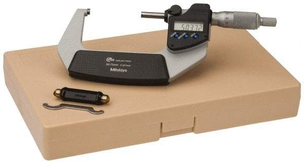 Mitutoyo - 50 to 75 mm Range, 0.001 mm Resolution, Standard Throat, IP65 Electronic Outside Micrometer - 0.001 Inch Accuracy, Ratchet Stop Thimble, Carbide Face, SR44 Battery, Data Output, Plastic Case, Includes NIST Traceable Certification of Inspection - Apex Tool & Supply