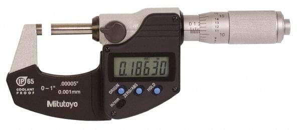Mitutoyo - 0.0001 Inch Resolution, Standard Throat, Electronic Outside Micrometer - Includes Stand - Apex Tool & Supply