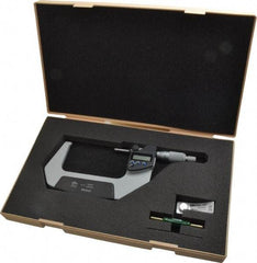 Mitutoyo - 3 to 4 Inch Range, 0.0001 Inch Resolution, Standard Throat, IP65 Electronic Outside Micrometer - 0.0001 Inch Accuracy, Ratchet Stop Thimble, Carbide Face, SR44 Battery, Data Output, Plastic Case - Apex Tool & Supply