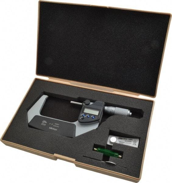 Mitutoyo - 2 to 3 Inch Range, 0.0001 Inch Resolution, Standard Throat, IP65 Electronic Outside Micrometer - 0.0001 Inch Accuracy, Ratchet Friction Thimble, Carbide Face, SR44 Battery, Plastic Case - Apex Tool & Supply