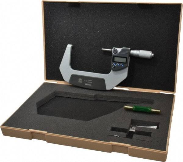 Mitutoyo - 3 to 4 Inch Range, 0.0001 Inch Resolution, Standard Throat, IP65 Electronic Outside Micrometer - 0.0001 Inch Accuracy, Ratchet Friction Thimble, Carbide Face, SR44 Battery, Plastic Case - Apex Tool & Supply