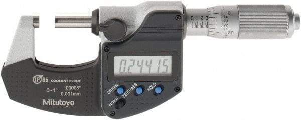 Mitutoyo - 0 to 1 Inch Range, 0.0001 Inch Resolution, Standard Throat, IP65, Electronic Outside Micrometer - 0.0001 Inch Accuracy, Friction Thimble, Carbide Face, SR44 Battery, Plastic Case, Includes NIST Traceable Certification of Inspection - Apex Tool & Supply