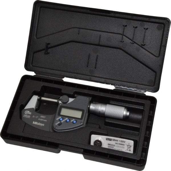 Mitutoyo - 0 to 1 Inch Range, 0.0001 Inch Resolution, Standard Throat, IP65 Electronic Outside Micrometer - 0.0001 Inch Accuracy, Ratchet Friction Thimble, Carbide Face, SR44 Battery, Plastic Case - Apex Tool & Supply