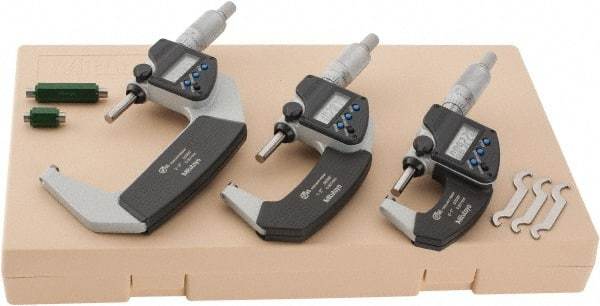Mitutoyo - 0 to 3" Range, 0.001mm Resolution, IP65, 3 Piece Electronic Outside Micrometer Sets - 0.001mm Accuracy, Ratchet Stop Thimble, Carbide Measuring Face - Apex Tool & Supply