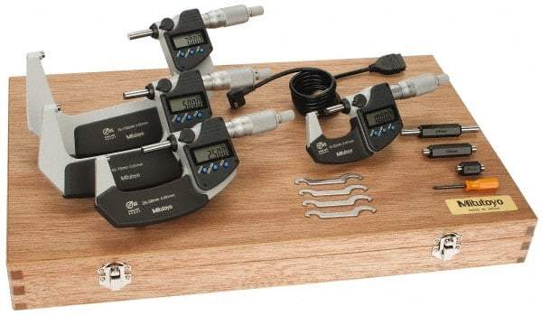 Mitutoyo - 0 to 100mm Range, 0.001mm Resolution, IP65, 4 Piece Electronic Outside Micrometer Sets - 0.001, 0.002mm Accuracy, Ratchet Stop Thimble, Carbide Measuring Face - Apex Tool & Supply