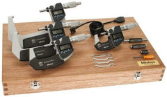 Mitutoyo - 0 to 100mm Range, 0.001mm Resolution, IP65, 4 Piece Electronic Outside Micrometer Sets - 0.001, 0.002mm Accuracy, Ratchet Stop Thimble, Carbide Measuring Face - Apex Tool & Supply