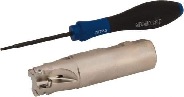 Seco - 1" Cut Diam, 0.354" Max Depth of Cut, 1" Shank Diam, 3.78" OAL, Indexable Square Shoulder End Mill - XO.X 10T3.. Inserts, Weldon Shank, 90° Lead Angle, Through Coolant, Series Turbo 10 - Apex Tool & Supply