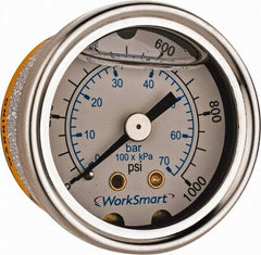 Value Collection - 1-1/2" Dial, 1/8 Thread, 0-1,000 Scale Range, Pressure Gauge - Center Back Connection Mount, Accurate to 3-2-3% of Scale - Apex Tool & Supply