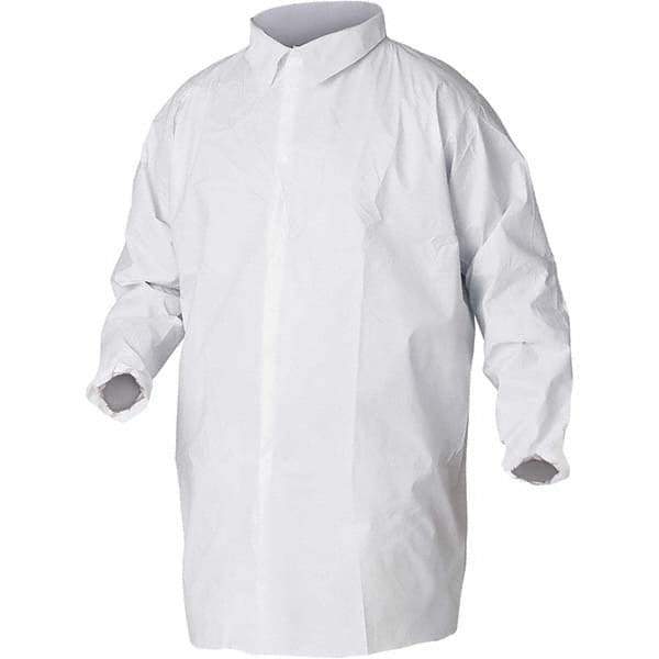 KleenGuard - Size M White Lab Coat without Pockets - Microporous Film Laminate, Snap Front, Elastic Cuffs - Apex Tool & Supply
