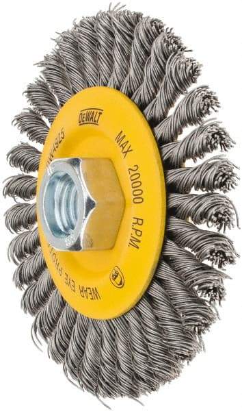 DeWALT - 4" OD, 5/8-11 Arbor Hole, Stringer Bead Steel Wheel Brush - 3/8" Face Width, 7/8" Trim Length, 0.02" Filament Diam, 20,000 RPM - Apex Tool & Supply