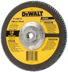 DeWALT - 40 Grit, 7" Disc Diam, 5/8-11 Center Hole, Type 27 Zirconia Alumina Flap Disc - 8,700 Max RPM, Fiberglass Backing, Arbor Attaching System, Coated - Apex Tool & Supply