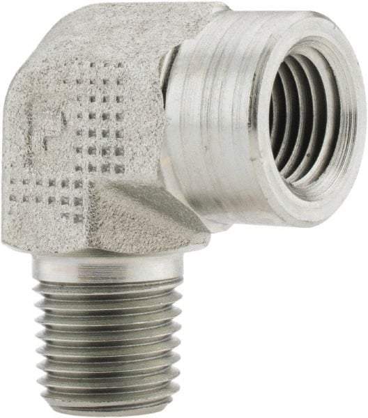 Parker - 1/4 Male Thread x 1/4 Female Thread, Zinc Plated Steel Industrial Pipe 90° Street Elbow - MNPTF x FNPTF, 5,000 psi - Apex Tool & Supply