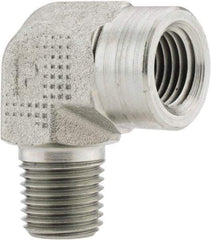 Parker - 1/4 Male Thread x 1/4 Female Thread, Zinc Plated Steel Industrial Pipe 90° Street Elbow - MNPTF x FNPTF, 5,000 psi - Apex Tool & Supply