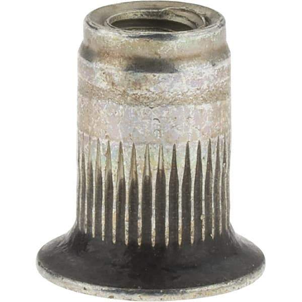 Value Collection - M4x0.70, 6.73mm Insert Diam, 10.67mm OAL, Knurled Body Open End Threaded Insert - 6.75mm Hole Diam, 9.91mm Head Diam, 1008/1010 Steel, Clear Protective Coating & Zinc Yellow Dichromate Finish - Apex Tool & Supply