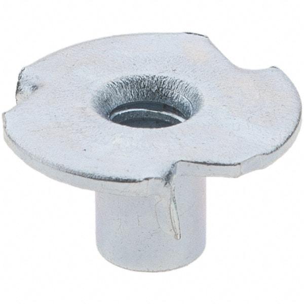 Made in USA - #6-32 Zinc-Plated Steel Standard Tee Nut - 1/4" Barrel Length, 1/2" Flange Diam, 3 Prongs - Apex Tool & Supply
