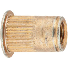 Value Collection - 1/4-28, 0.39 Insert Diam, 0.58" OAL, Knurled Body Open End Threaded Insert - 0.3906" Hole Diam, 1/2" Head Diam, 1008/1010 Steel, Clear Protective Coating & Zinc Yellow Dichromate Finish - Apex Tool & Supply