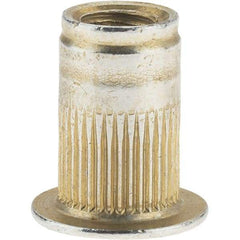 Value Collection - #8-32, 0.265 Insert Diam, 0.42" OAL, Knurled Body Open End Threaded Insert - 0.2656" Hole Diam, 0.39" Head Diam, 1008/1010 Steel, Clear Protective Coating & Zinc Yellow Dichromate Finish - Apex Tool & Supply