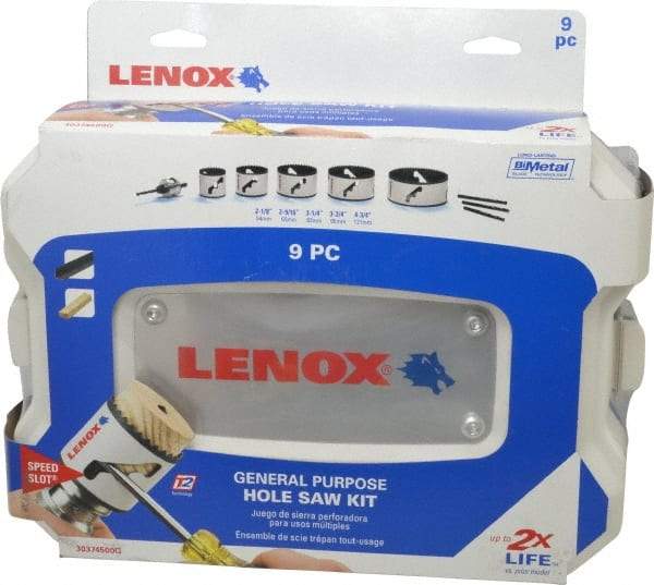 Lenox - 9 Piece, 2-1/8" to 4-3/4" Saw Diam, General Purpose Hole Saw Kit - Bi-Metal, Includes 5 Hole Saws - Apex Tool & Supply