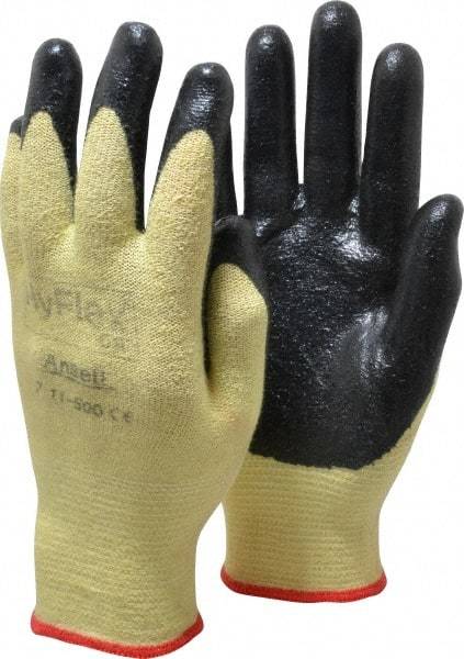 Ansell - Size S (7), ANSI Cut Lvl 2, Abrasion Lvl 3, Nitrile Coated Cut Resistant Gloves - Palm & Fingers Coated, Kevlar Lining, Knit Wrist, Black/Yellow, Paired - Apex Tool & Supply