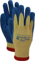 Ansell - Size S (7), ANSI Cut Lvl 2, Abrasion Lvl 4, Natural Rubber Latex Coated Cut Resistant Gloves - Palm & Fingers Coated, Kevlar Lining, Knit Wrist, Blue/Yellow, Paired - Apex Tool & Supply