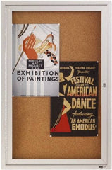 Quartet - 24" Wide x 36" High Enclosed Cork Bulletin Board - Natural Cork over Fiberboard, Aluminum Frame - Apex Tool & Supply