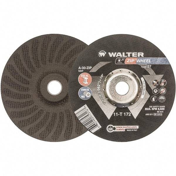 WALTER Surface Technologies - 30 Grit, 7" Wheel Diam, 1/16" Wheel Thickness, 7/8" Arbor Hole, Type 27 Depressed Center Wheel - Aluminum Oxide, Resinoid Bond, 8,600 Max RPM - Apex Tool & Supply