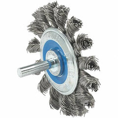 WALTER Surface Technologies - 2-3/4" OD, 1/4" Shank Diam, Knotted Stainless Steel Wheel Brush - 3/8" Face Width, 0.02" Filament Diam, 20,000 RPM - Apex Tool & Supply