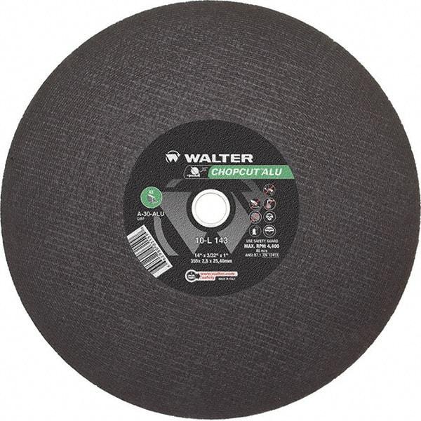 WALTER Surface Technologies - 14" 30 Grit Aluminum Oxide Cutoff Wheel - 3/32" Thick, 1" Arbor, 4,400 Max RPM, Use with Chop Saws - Apex Tool & Supply