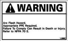 NMC - Accident Prevention Label, Header: WARNING - Legend: Warning - Arc Flash Hazard - Appropriate PPE Required - Failure to Comply Can Result in Death or Injury - Refer to NFPA 70E, English, Black & Orange, 5" Long x 3" High, Sign Muscle Finish - Apex Tool & Supply
