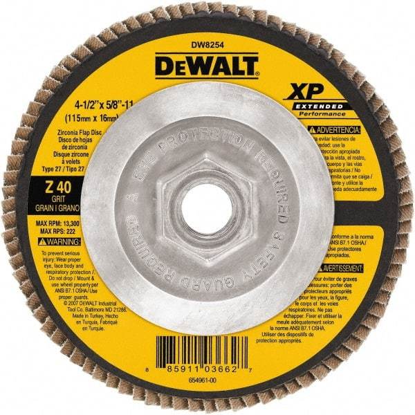 DeWALT - 40 Grit, 4-1/2" Disc Diam, 5/8-11 Center Hole, Type 27 Zirconia Alumina Flap Disc - 13,300 Max RPM, Cloth Backing, Arbor Attaching System, Coated - Apex Tool & Supply
