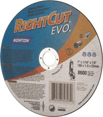 Norton - 7" Aluminum Oxide Cutoff Wheel - 0.045" Thick, 7/8" Arbor, 8,600 Max RPM, Use with Angle Grinders - Apex Tool & Supply