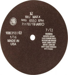 Tru-Maxx - 7" 60 Grit Aluminum Oxide Cutoff Wheel - 1/16" Thick, 1/2" Arbor, 5,184 Max RPM, Use with Stationary Tools - Apex Tool & Supply