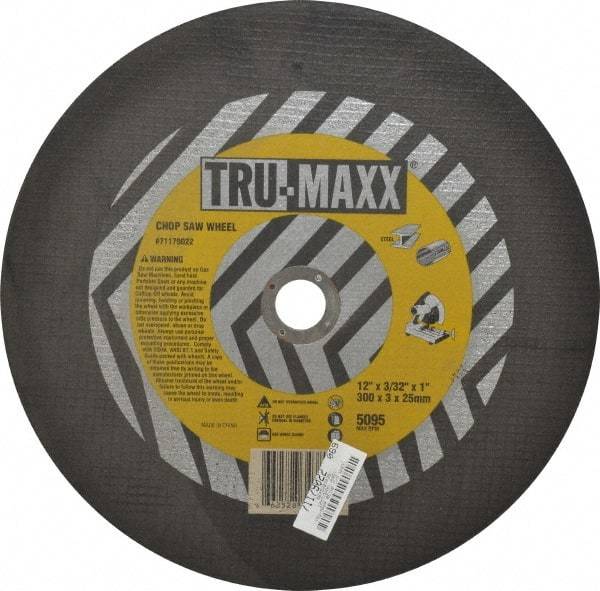 Tru-Maxx - 12" 36 Grit Aluminum Oxide Cutoff Wheel - 3/32" Thick, 1" Arbor, 5,095 Max RPM, Use with Chop Saws - Apex Tool & Supply