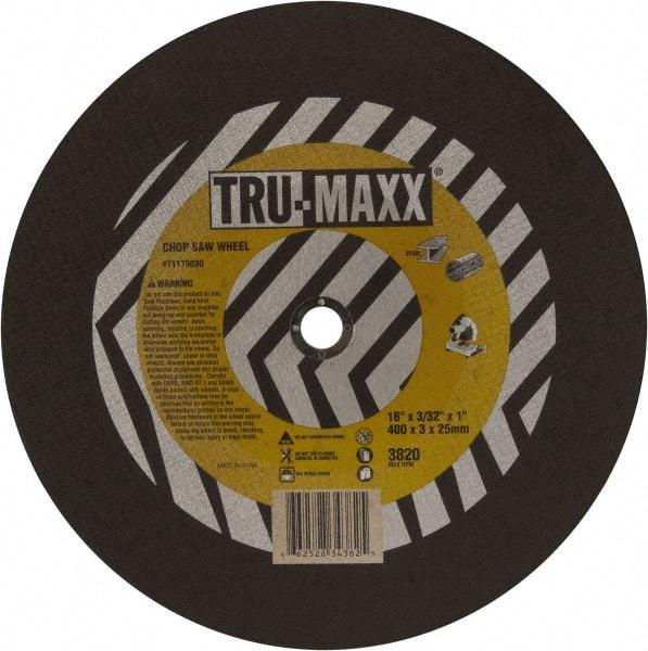 Tru-Maxx - 16" 36 Grit Aluminum Oxide Cutoff Wheel - 7/64" Thick, 1" Arbor, 3,820 Max RPM, Use with Chop Saws - Apex Tool & Supply