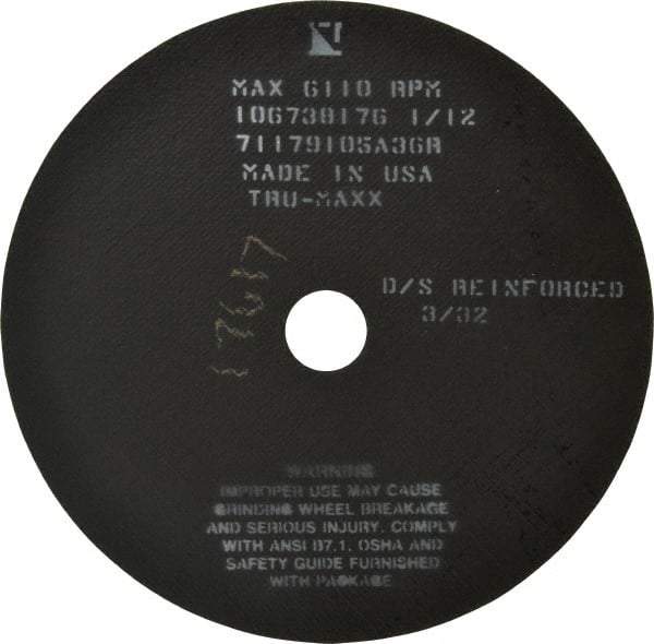 Tru-Maxx - 10" 36 Grit Aluminum Oxide Cutoff Wheel - 3/32" Thick, 1-1/4" Arbor, 6,112 Max RPM, Use with Stationary Tools - Apex Tool & Supply