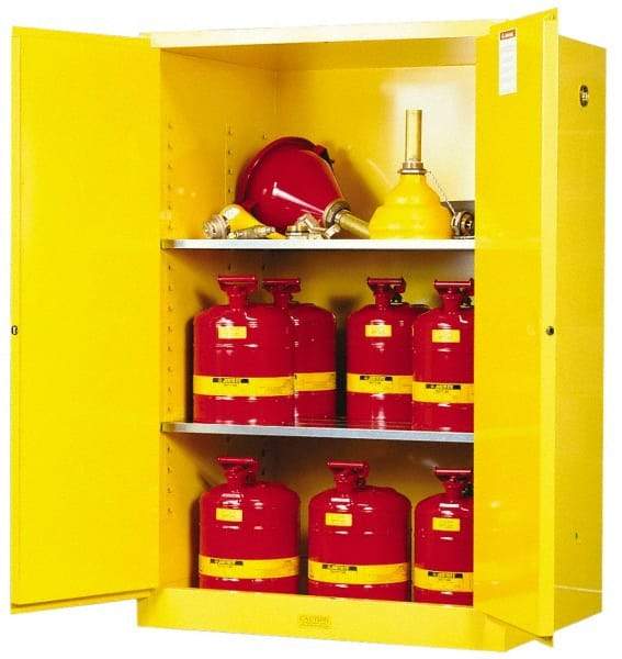 Justrite - 2 Door, 2 Shelf, Yellow Steel Standard Safety Cabinet for Flammable and Combustible Liquids - 65" High x 43" Wide x 34" Deep, Manual Closing Door, 3 Point Key Lock, 90 Gal Capacity - Apex Tool & Supply