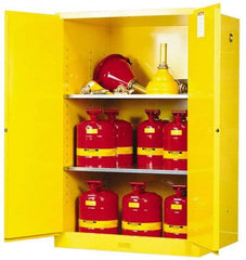 Justrite - 2 Door, 2 Shelf, Yellow Steel Standard Safety Cabinet for Flammable and Combustible Liquids - 65" High x 43" Wide x 34" Deep, Manual Closing Door, 3 Point Key Lock, 90 Gal Capacity - Apex Tool & Supply