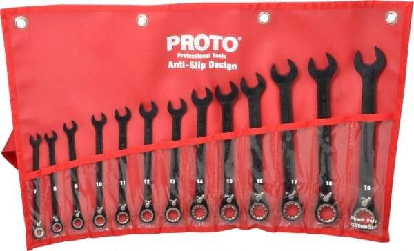 Proto - 13 Piece, 7mm to 19mm, 12 Point Combination Wrench Set - Metric Measurement Standard, Black/Chrome Finish, Comes in Pouch - Apex Tool & Supply