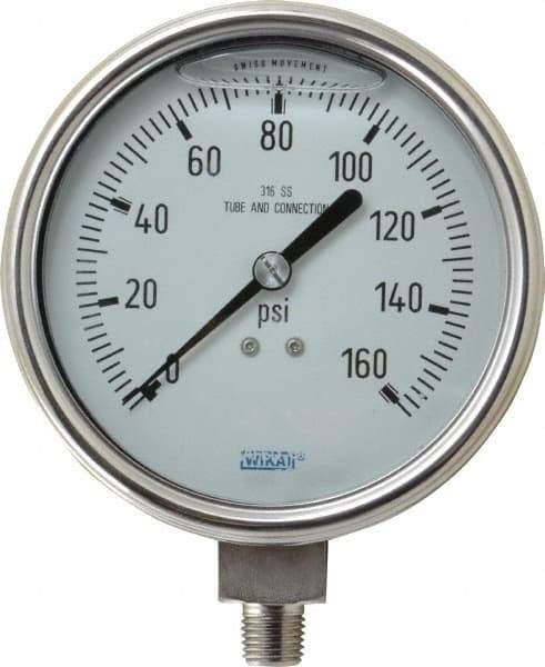 Wika - 4" Dial, 1/4 Thread, 0-160 Scale Range, Pressure Gauge - Lower Connection Mount, Accurate to 1% of Scale - Apex Tool & Supply