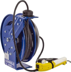 CoxReels - 16 AWG, 35' Cable Length, Cord & Cable Reel with Fluorescent Angle Light with Tool Tap Plug End - 1 Outlet, 13 Amps, 115 Volts, SJTO Cable, Blue Reel, Spring Driven Reel - Apex Tool & Supply