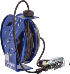 CoxReels - 16 AWG, 50' Cable Length, Cord & Cable Reel with Incandescent Hand Lamp with Tool Tap Plug End - 1 Outlet, NEMA 5-15R, 13 Amps, 115 Volts, SJTO Cable, Blue Reel, Spring Driven Reel - Apex Tool & Supply